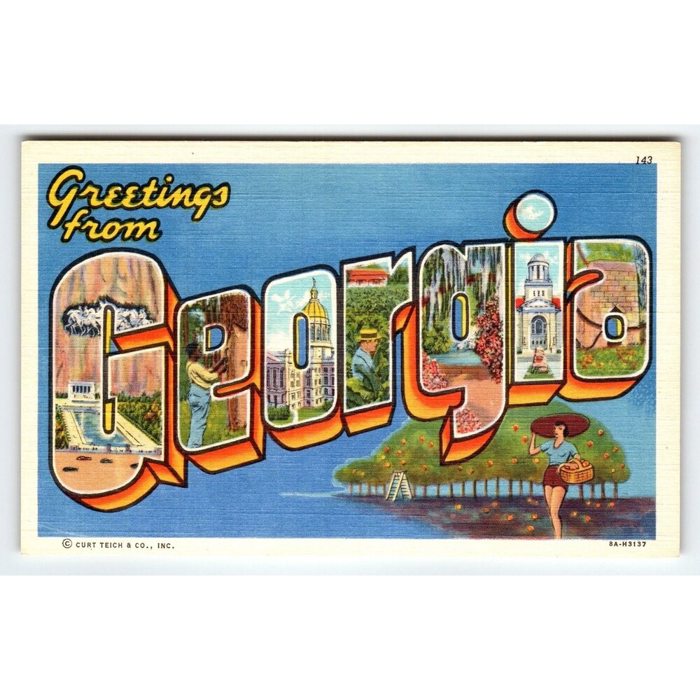 Large Letter Vintage Greetings from Georgia Linen Postcard by Curt Teich